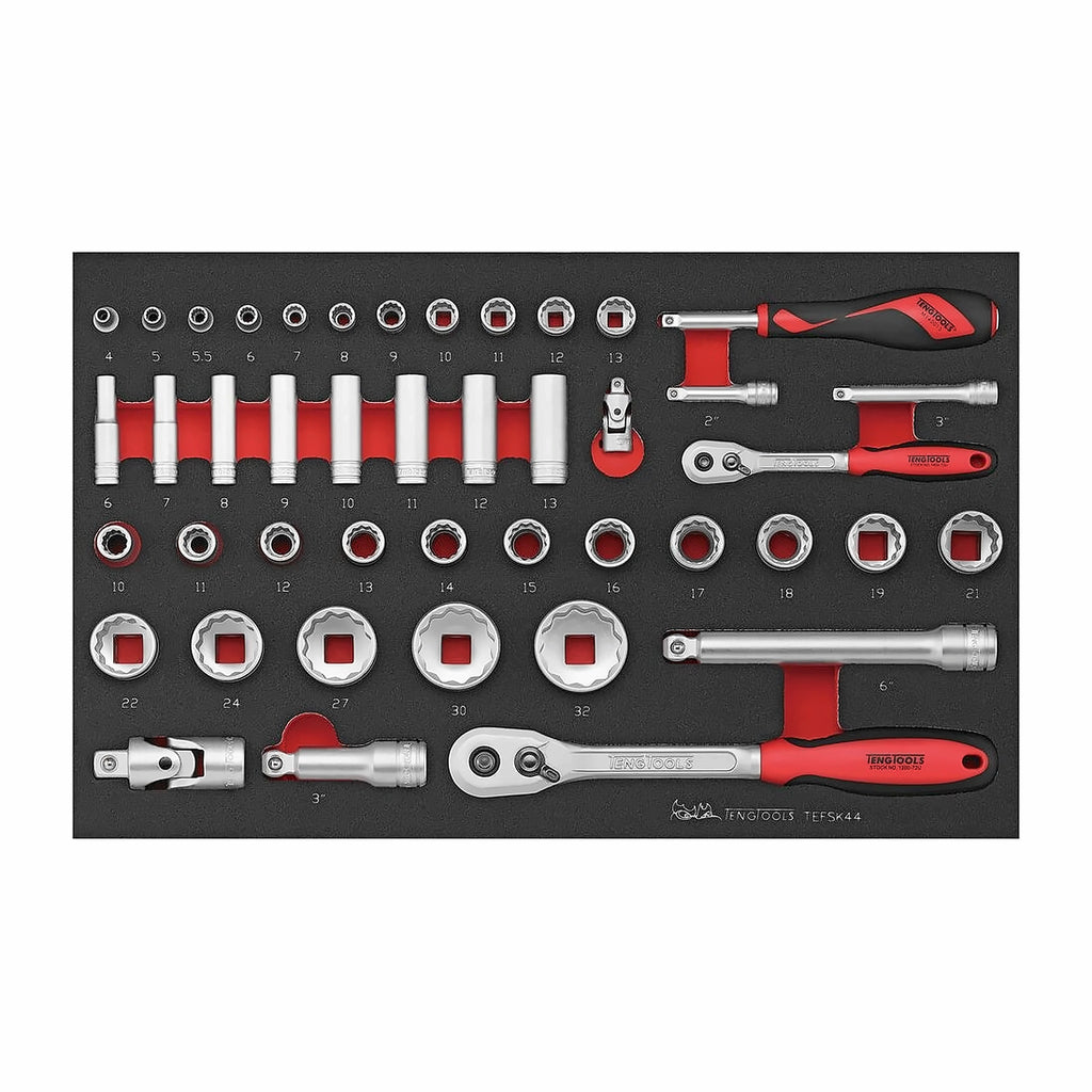Teng Tools TEFSK44 1/4" & 1/2" Socket Set FOAM3 44 Pieces on a white background