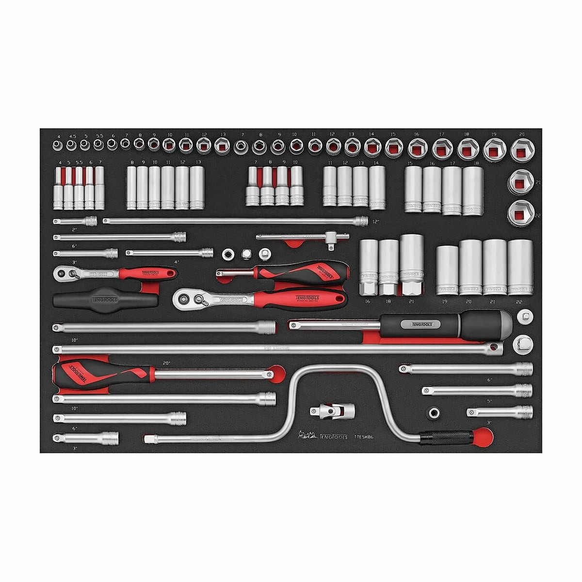 Teng Tools TTESK86 1/4" & 3/8" Socket Set FOAM4X4 86 Pieces on a white background