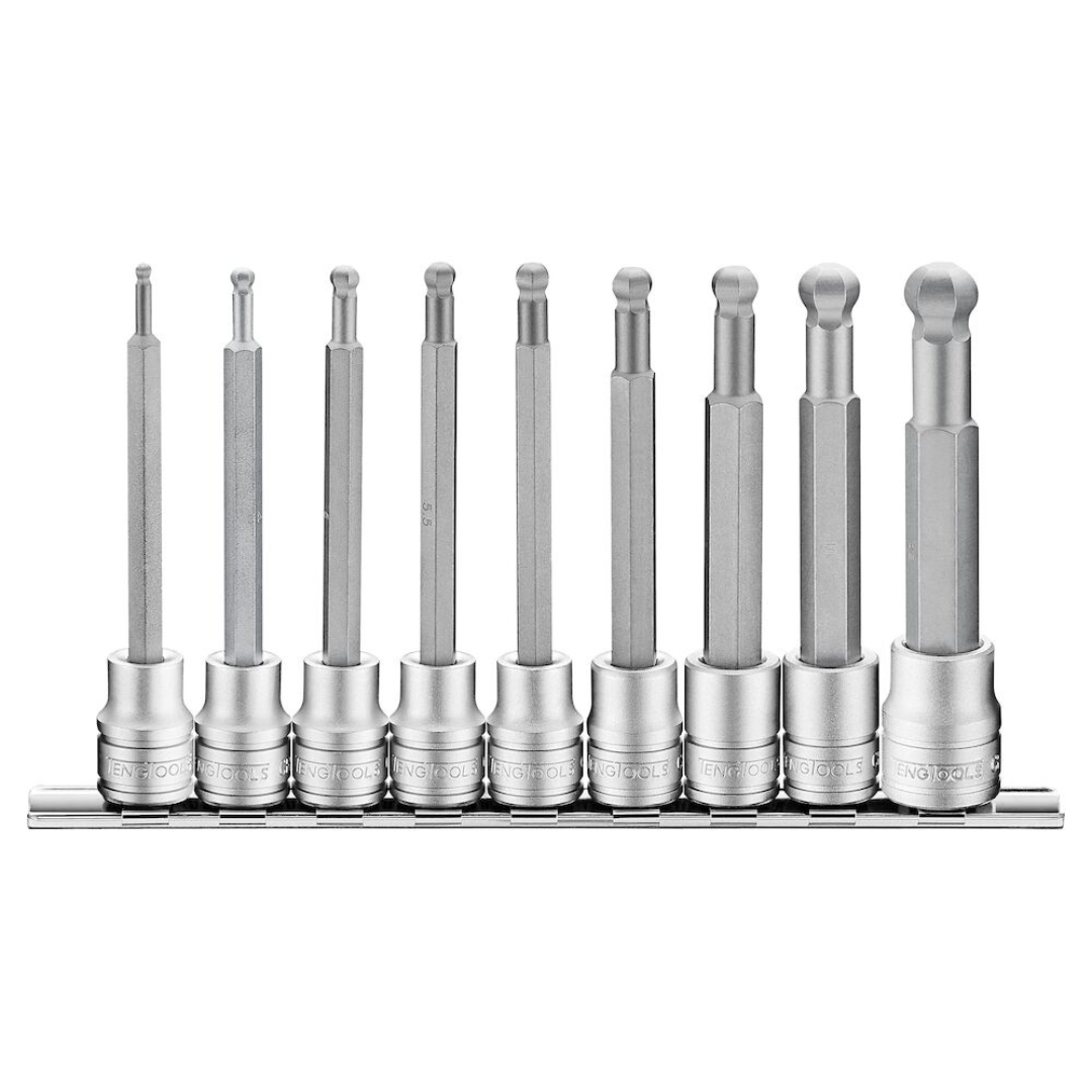 3/8 Ball Point Long Hex Bit Socket Clip Rail Set 9 Pieces — Teng Tools M3809HBN