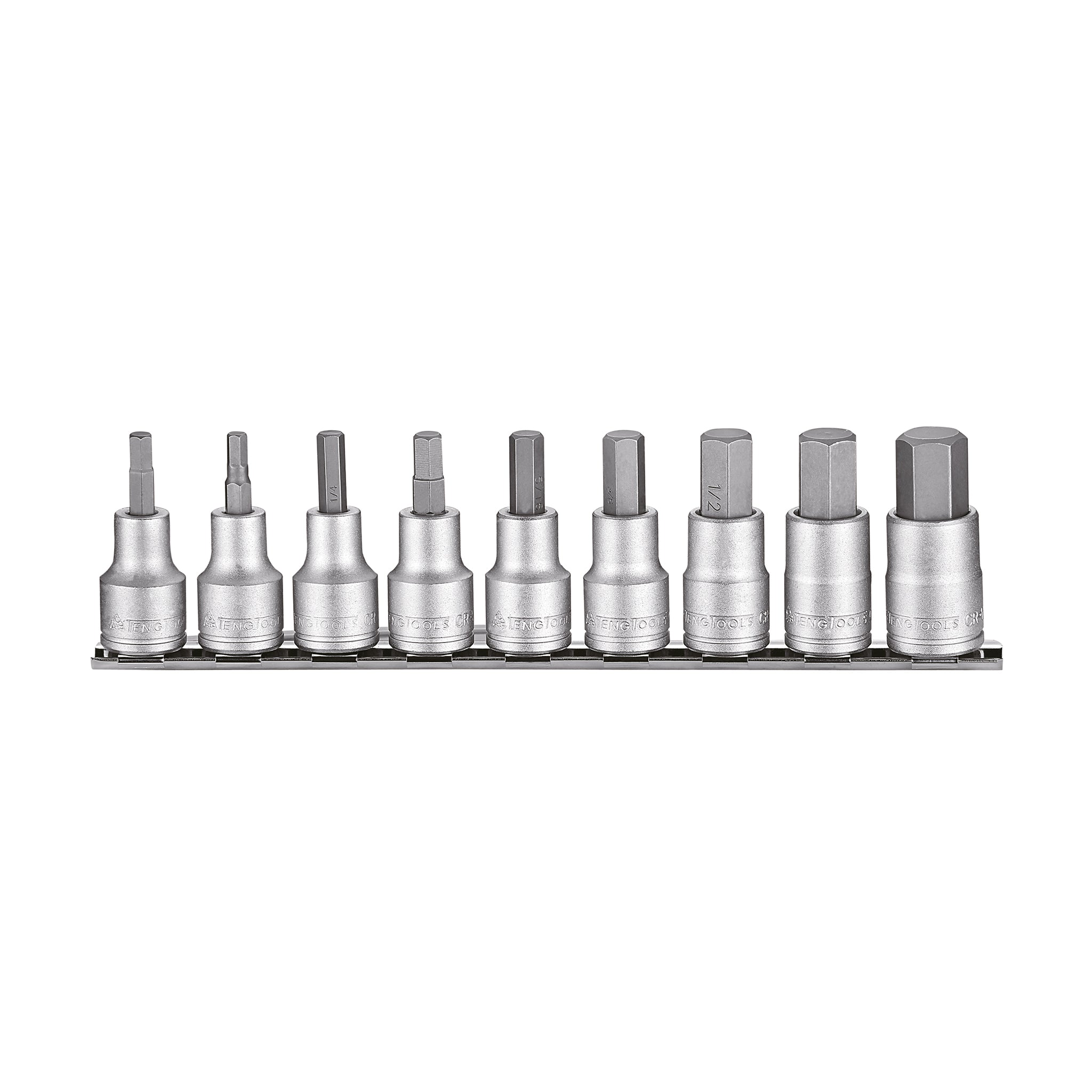 1/2" Hex Bit Socket Clip Rail Set SAE 9 Pieces — Teng Tools M1209AF