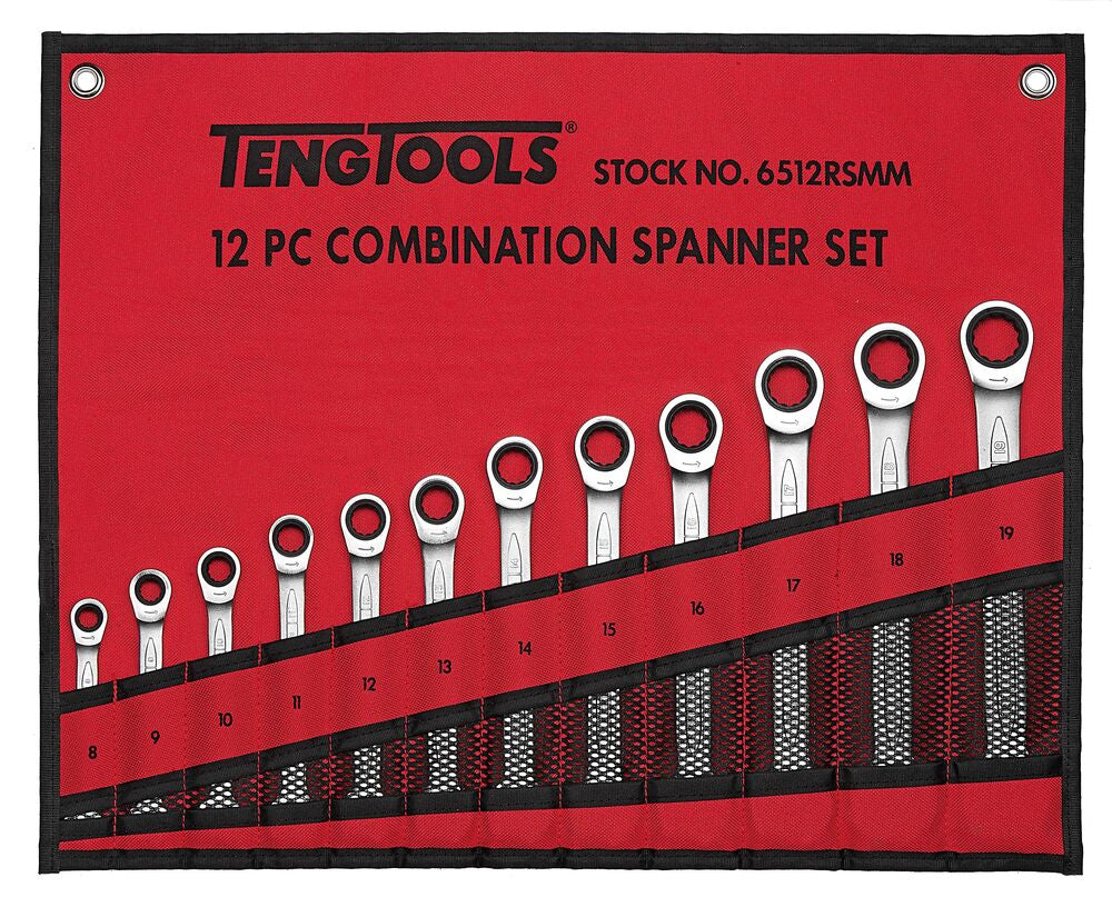 Teng Tools Ratcheting Combination Spanner Set RS Tool Roll 12 Pieces