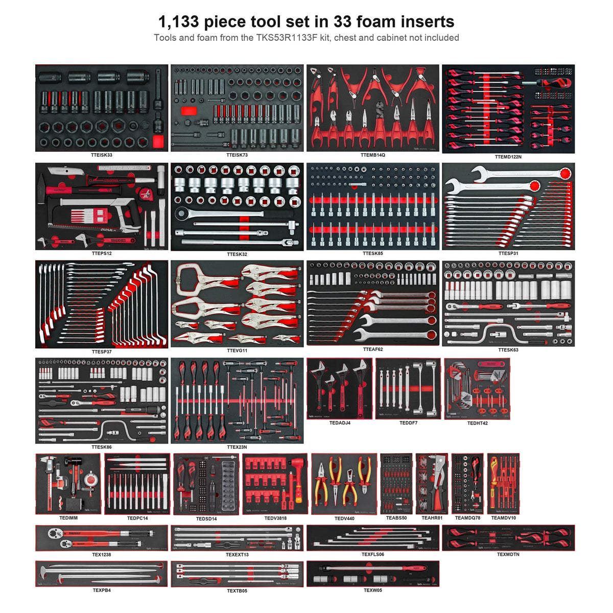 Teng Tools 1133 Piece Tool Set in 33 EVA Foam Inserts, No Chest or Cabinet