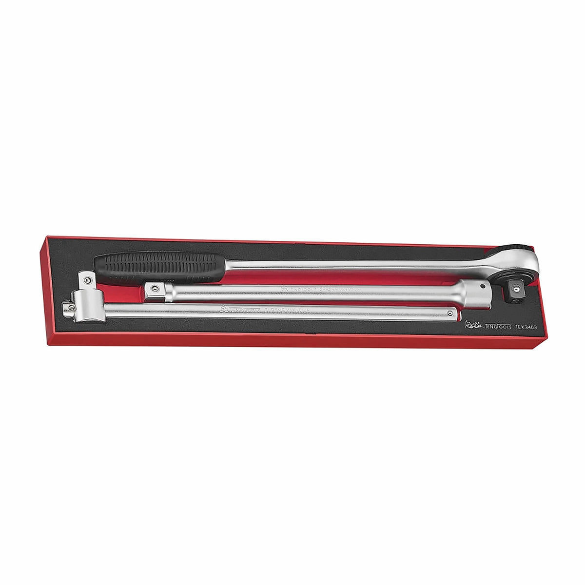 Teng Tools TEX3403 3/4" Ratchet & Accessories Set FOAMX4 3 Pieces on a white background
