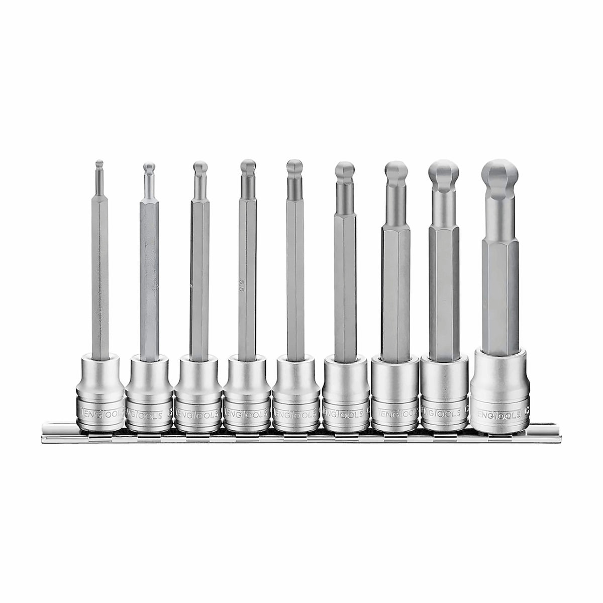 Teng Tools M3809HBN 3/8" ball point long hex bit socket clip rail set 9 on a white background