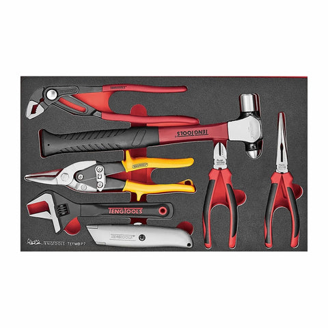 Juego de herramientas de 7 piezas para el hogar y el taller: alicates, llave inglesa, martillo, cuchillo multiusos, organizador de bandeja de espuma