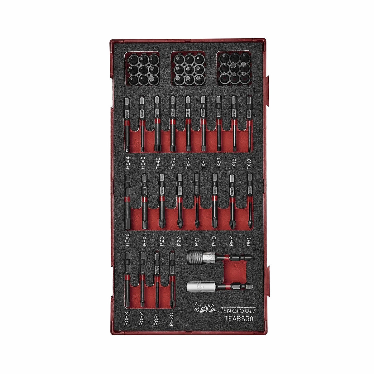 Teng Tools TEABS50 50-Piece 1/4 Hex Impact Bit Set on a white background
