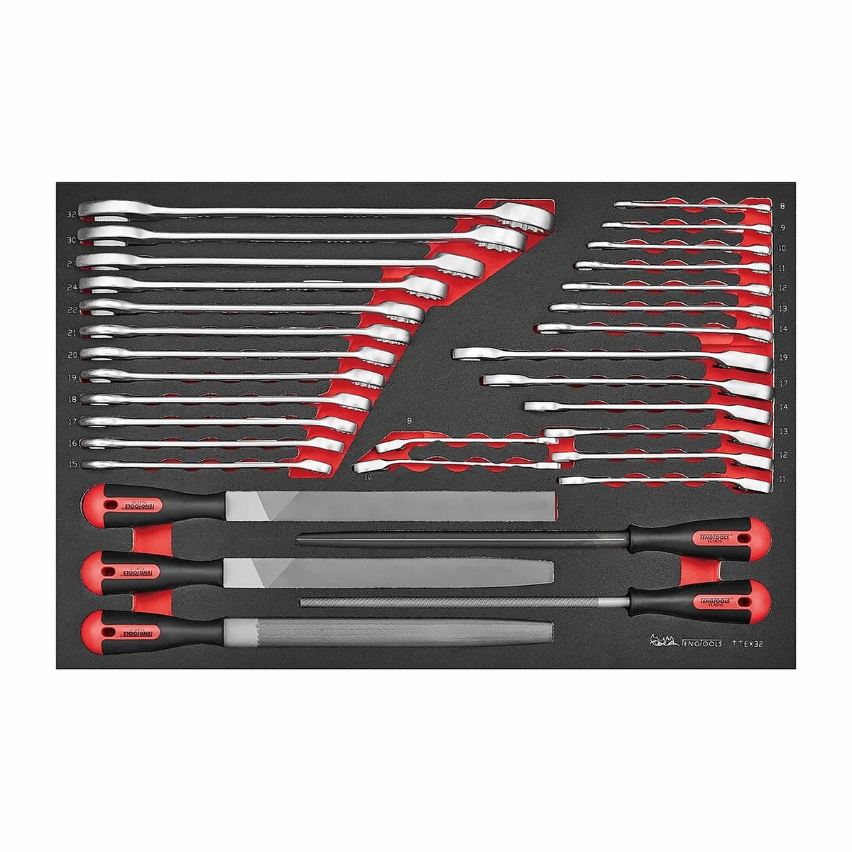 Teng Tools TTEX32 Spanner & File Set FOAM4X4 32 Pieces on a white background