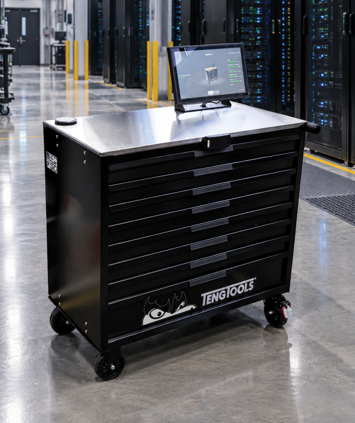 A Teng Tools Smart Box roller cabinet with an inventory touchscreen in an industrial facility aisle