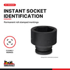 Teng Tools 1-1/2 inch drive 6-point metric DIN impact socket, close-up of the roll stamped markings