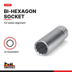 Teng Tools 1/2 inch drive 12-point metric deep socket, close-up of the bi-hexagon socket end
