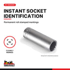 Teng Tools 1/2 inch drive 12-point metric deep socket, close-up of the roll stamped markings