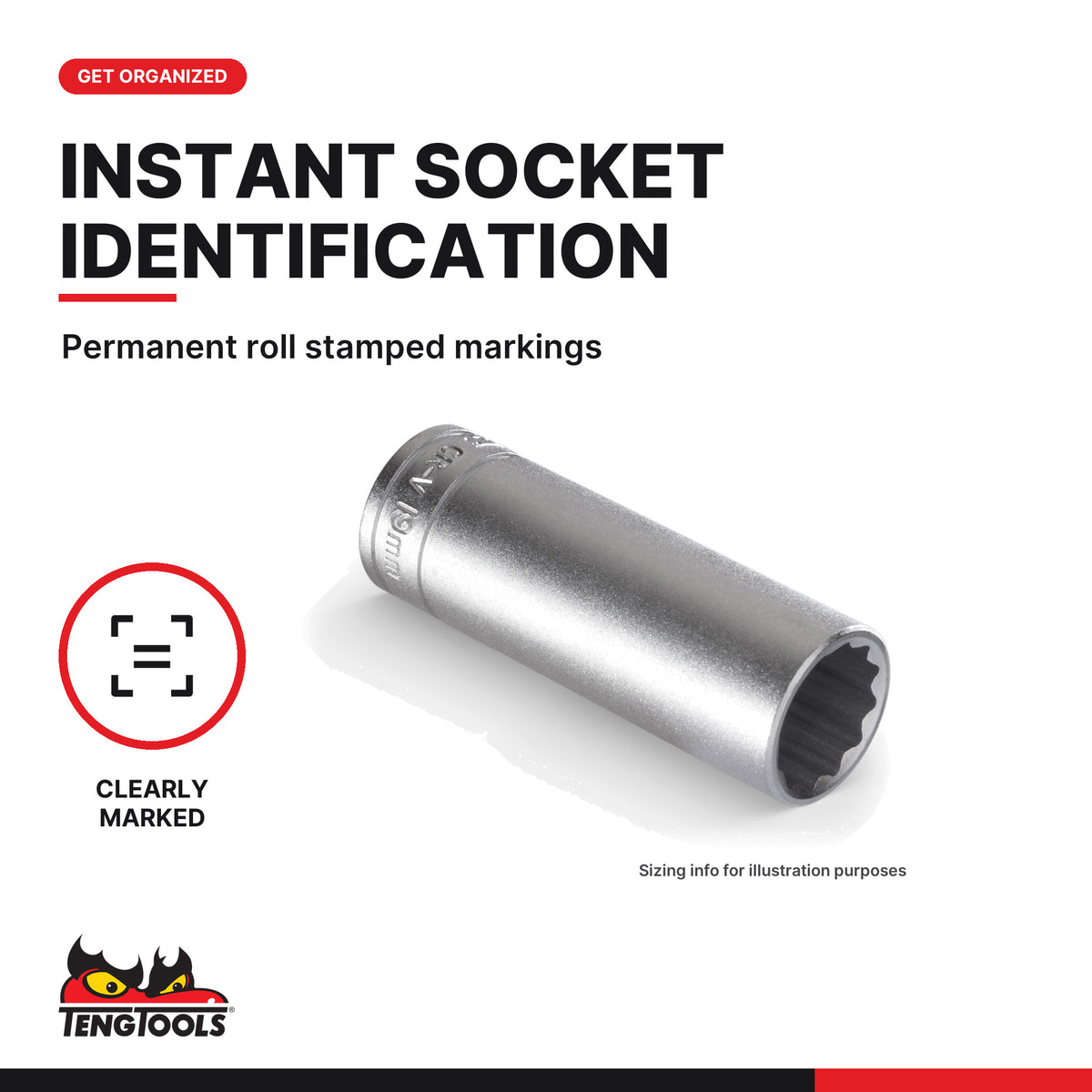 Teng Tools 1/2 inch drive 12-point metric deep socket, close-up of the roll stamped markings