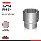 Teng Tools 1/2 inch drive 12-point metric shallow socket with a satin finish and stamped CR-V chrome vanadium marking