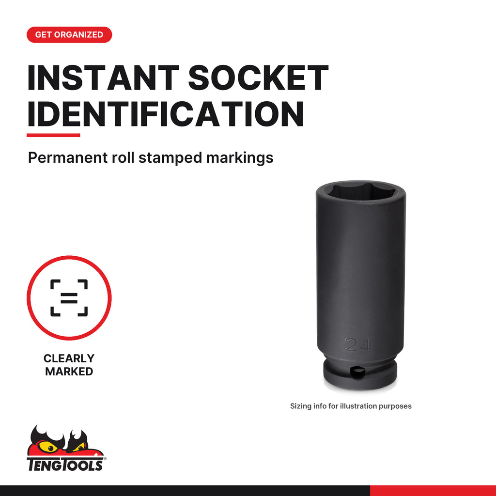 Teng Tools 1/2 inch drive 6-point metric ANSI deep impact socket, close-up of the roll stamped markings