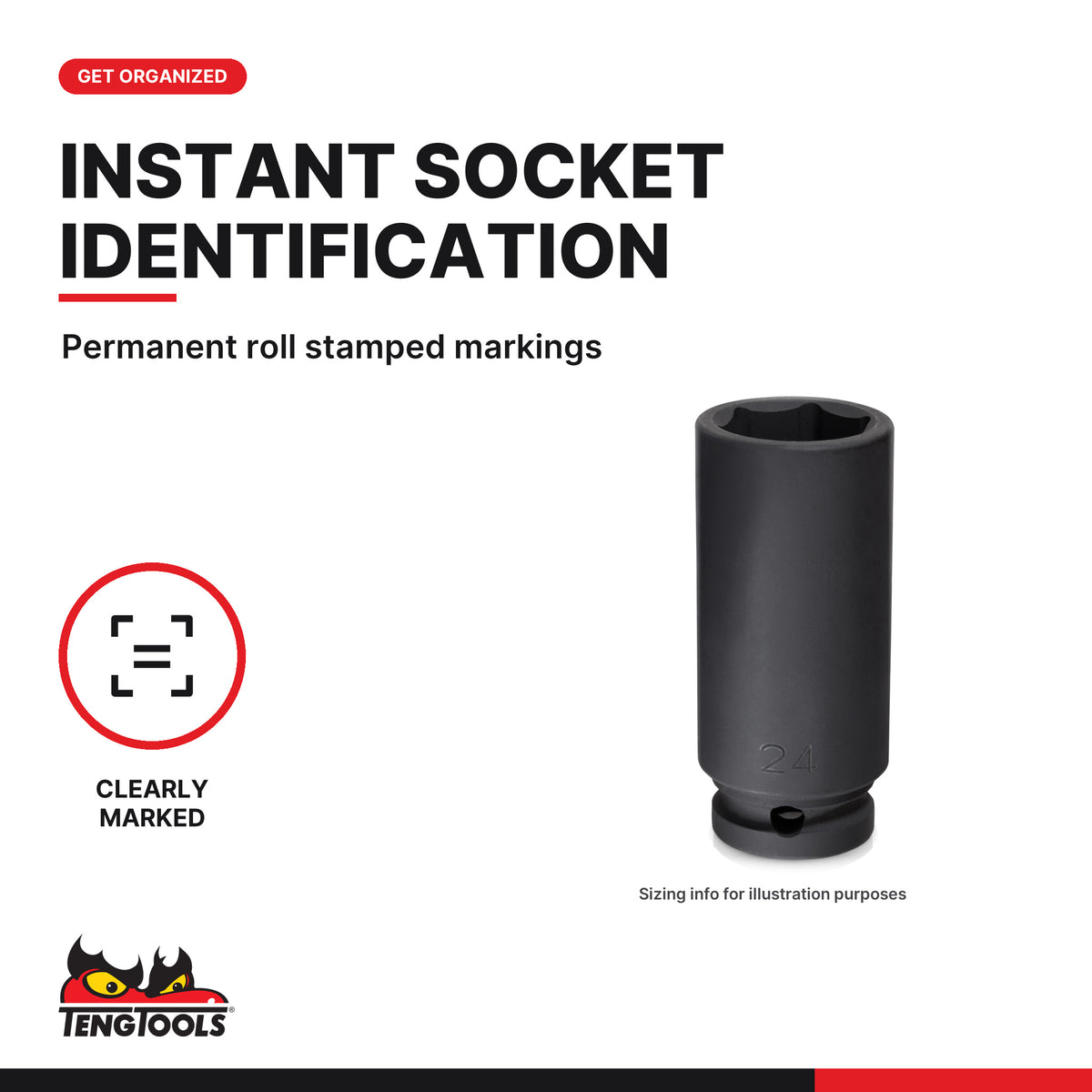 Teng Tools 1/2 inch drive 6-point metric ANSI deep impact socket, close-up of the roll stamped markings