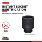 Teng Tools 1/2 inch drive 6-point metric ANSI impact socket, close-up of the roll stamped markings