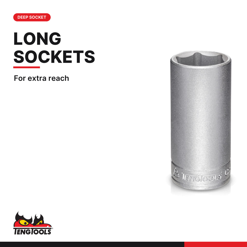 Teng Tools 1/2 inch drive 6-point metric deep socket standing upright, long reach