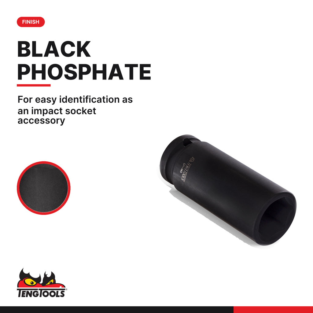 Teng Tools 1/2 inch drive 6-point metric DIN deep impact socket with a black phosphate finish