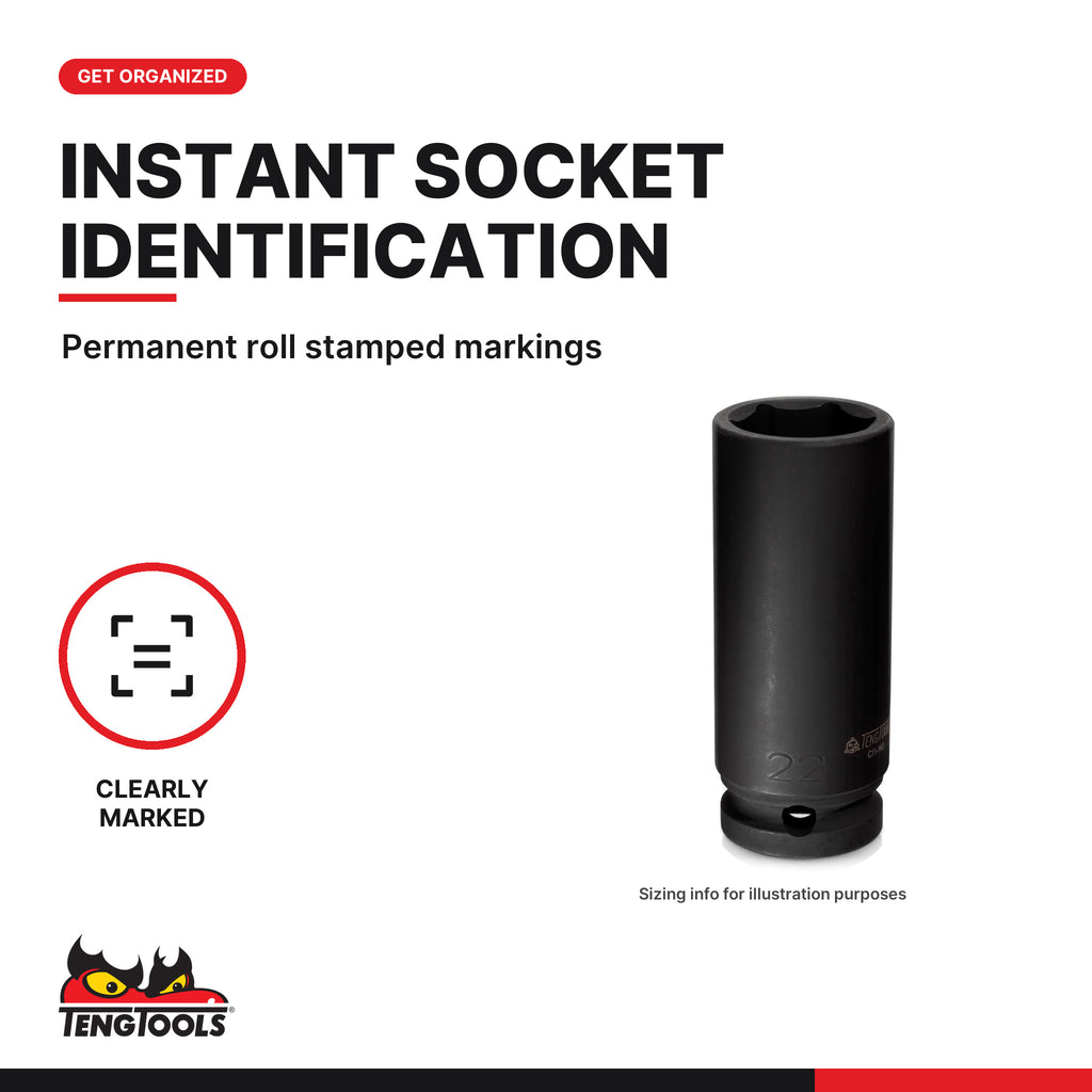 Teng Tools 1/2 inch drive 6-point metric DIN deep impact socket, close-up of the roll stamped markings