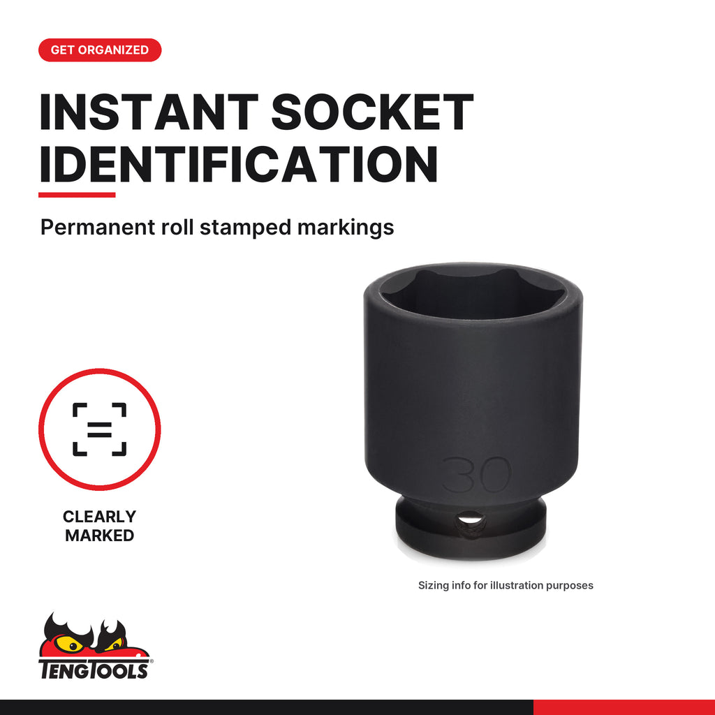 Teng Tools 1/2 inch drive 6-point metric DIN stubby impact socket, close-up of the roll stamped markings