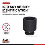 Teng Tools 1/2 inch drive 6-point metric DIN stubby impact socket, close-up of the roll stamped markings