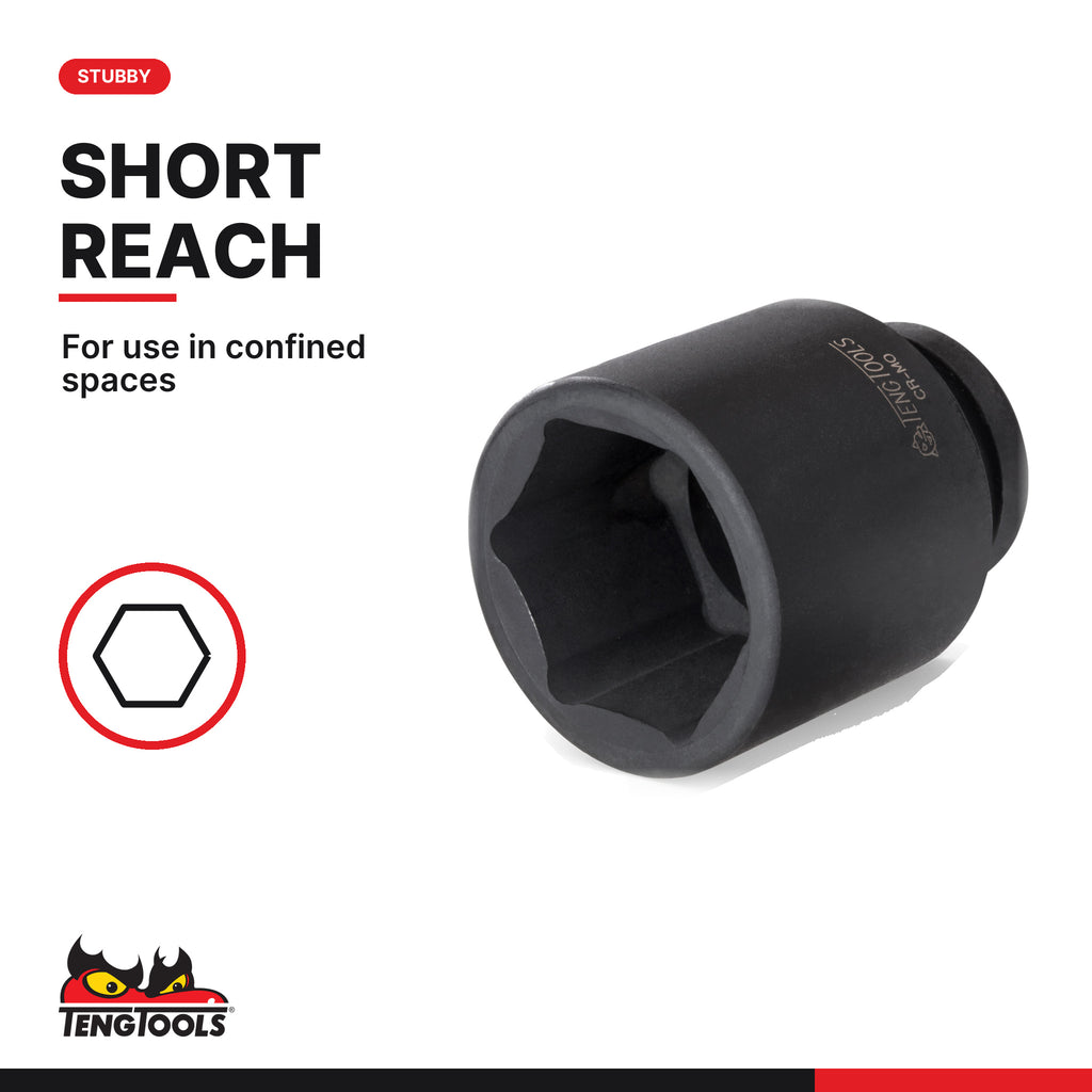 Teng Tools 1/2 inch drive 6-point metric DIN stubby impact socket, short reach for confined spaces