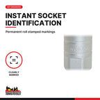 Teng Tools 1/2 inch drive 6-point metric spark plug socket, close-up of the roll stamped markings