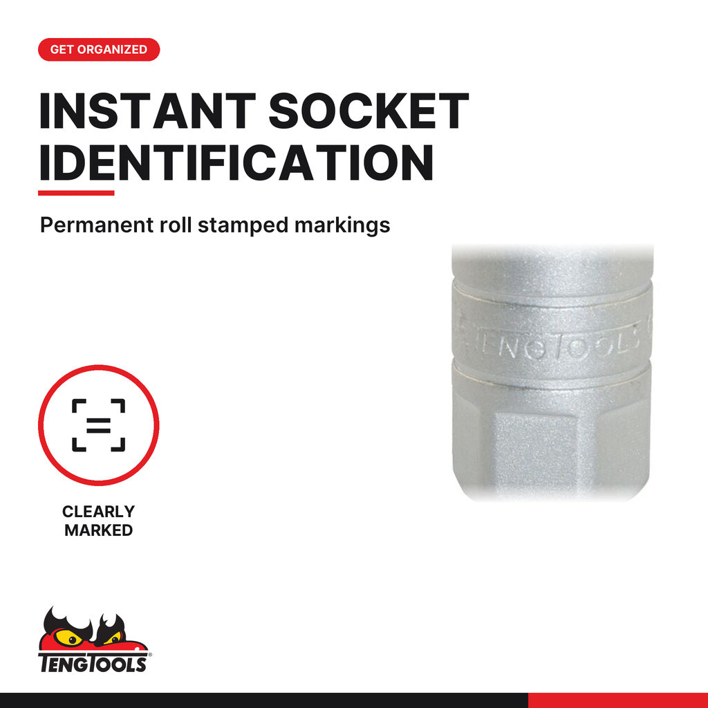 Teng Tools 1/2 inch drive 6-point metric spark plug socket, close-up of the roll stamped markings