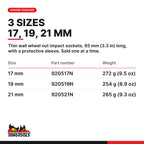 Teng Tools 1/2 inch drive wheel nut impact socket, 17, 19 or 21 mm, three sizes 17, 19 and 21 mm, part numbers 920517N