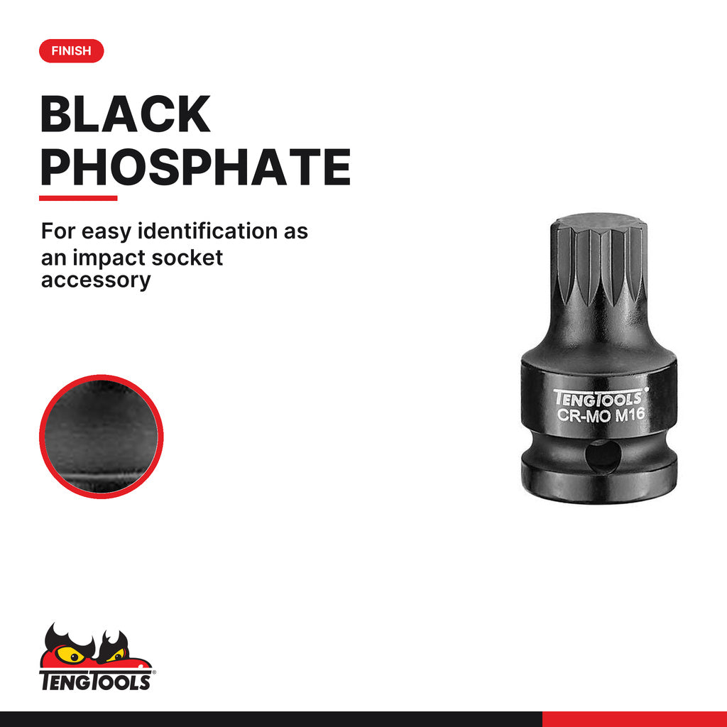 Teng Tools 1/2 inch drive metric DIN xzn triple square impact socket with a black phosphate finish