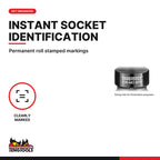 Teng Tools 1/2 inch drive metric DIN xzn triple square impact socket, close-up of the roll stamped markings