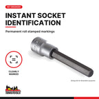 Teng Tools 1/2 inch drive metric extra long hex bit socket, close-up of the roll stamped markings