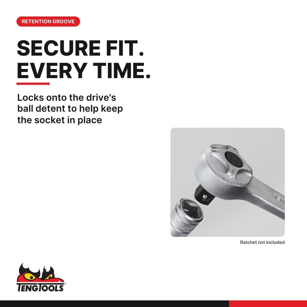 Teng Tools 1/2 inch drive metric hex bit socket and the ball detent retention groove on the drive end