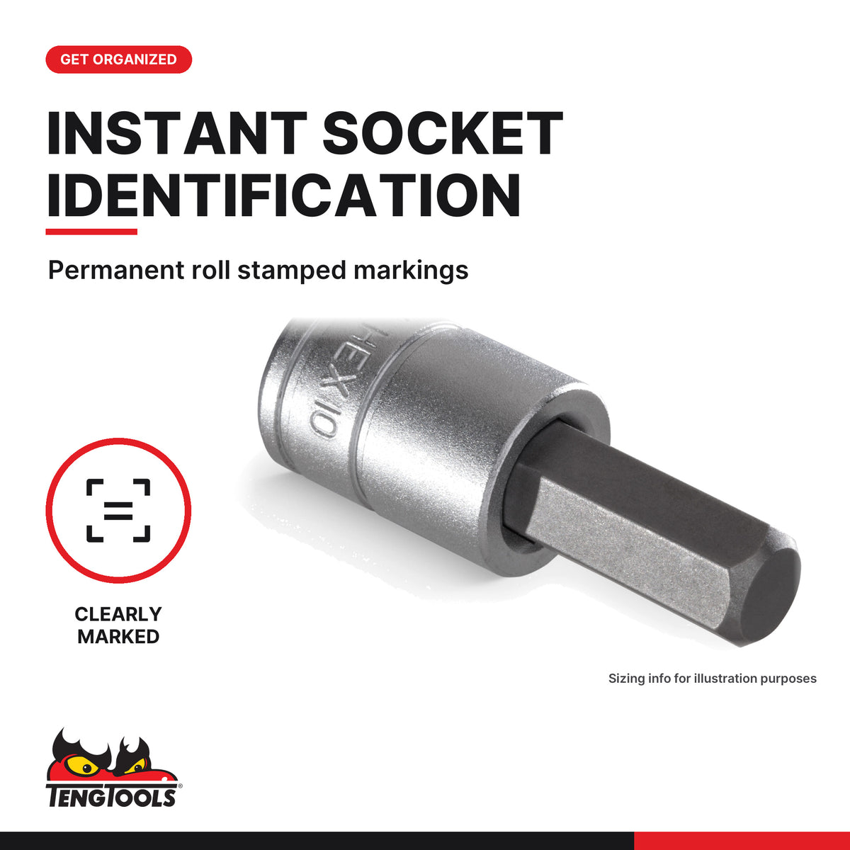 Teng Tools 1/2 inch drive metric hex bit socket, close-up of the roll stamped markings