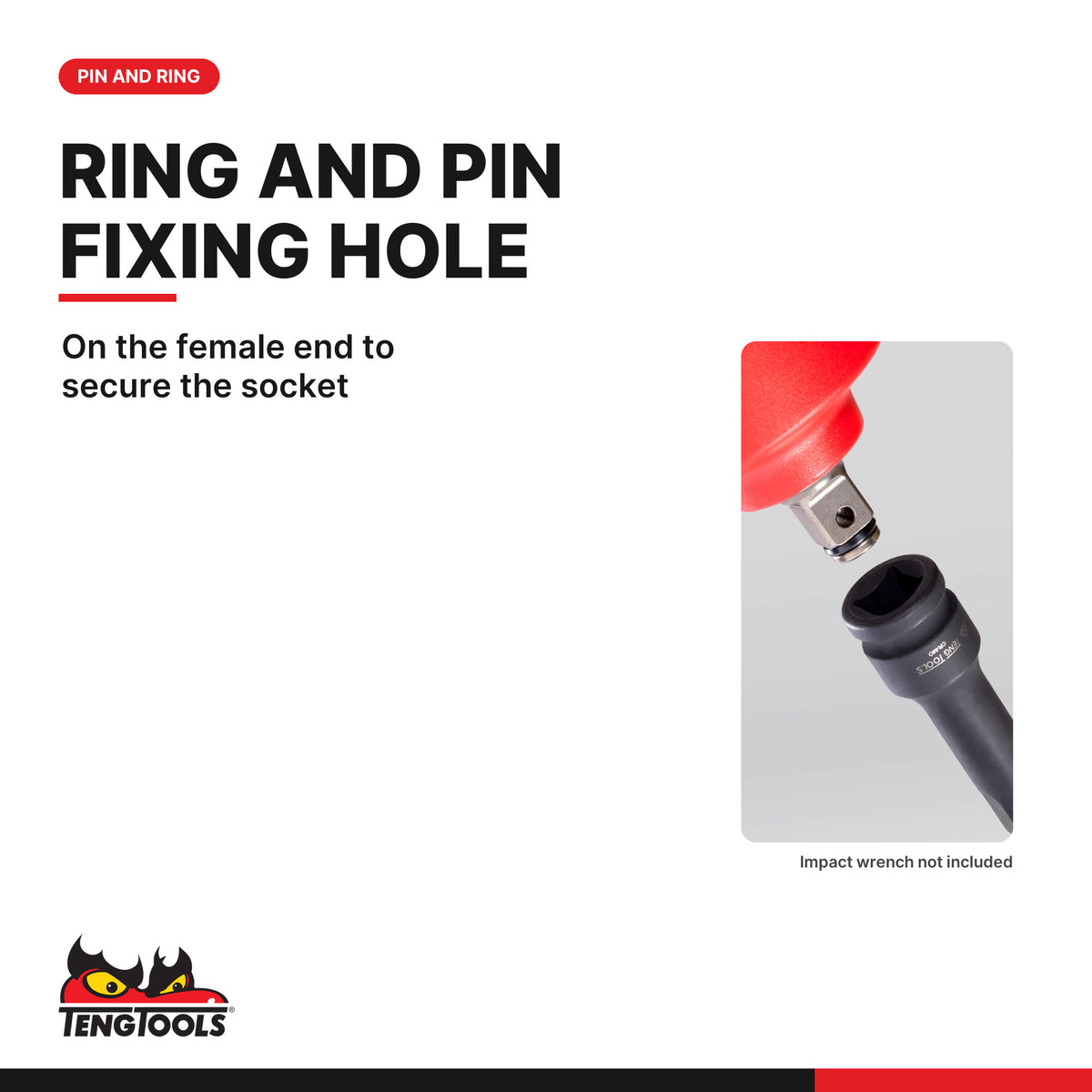 Teng Tools 1/2 inch drive SAE DIN hex bit impact socket, ring and pin fixing hole on the female end
