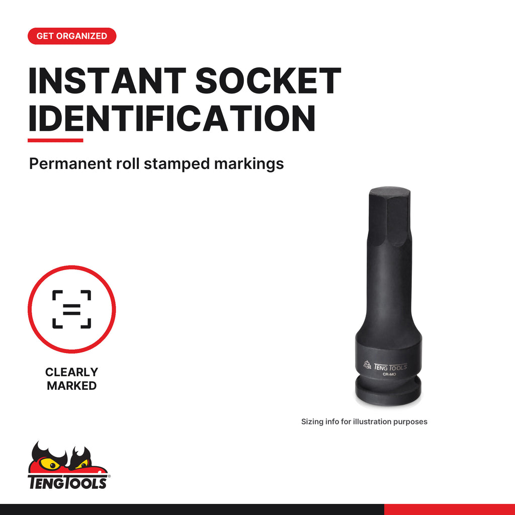Teng Tools 1/2 inch drive SAE DIN hex bit impact socket, close-up of the roll stamped markings
