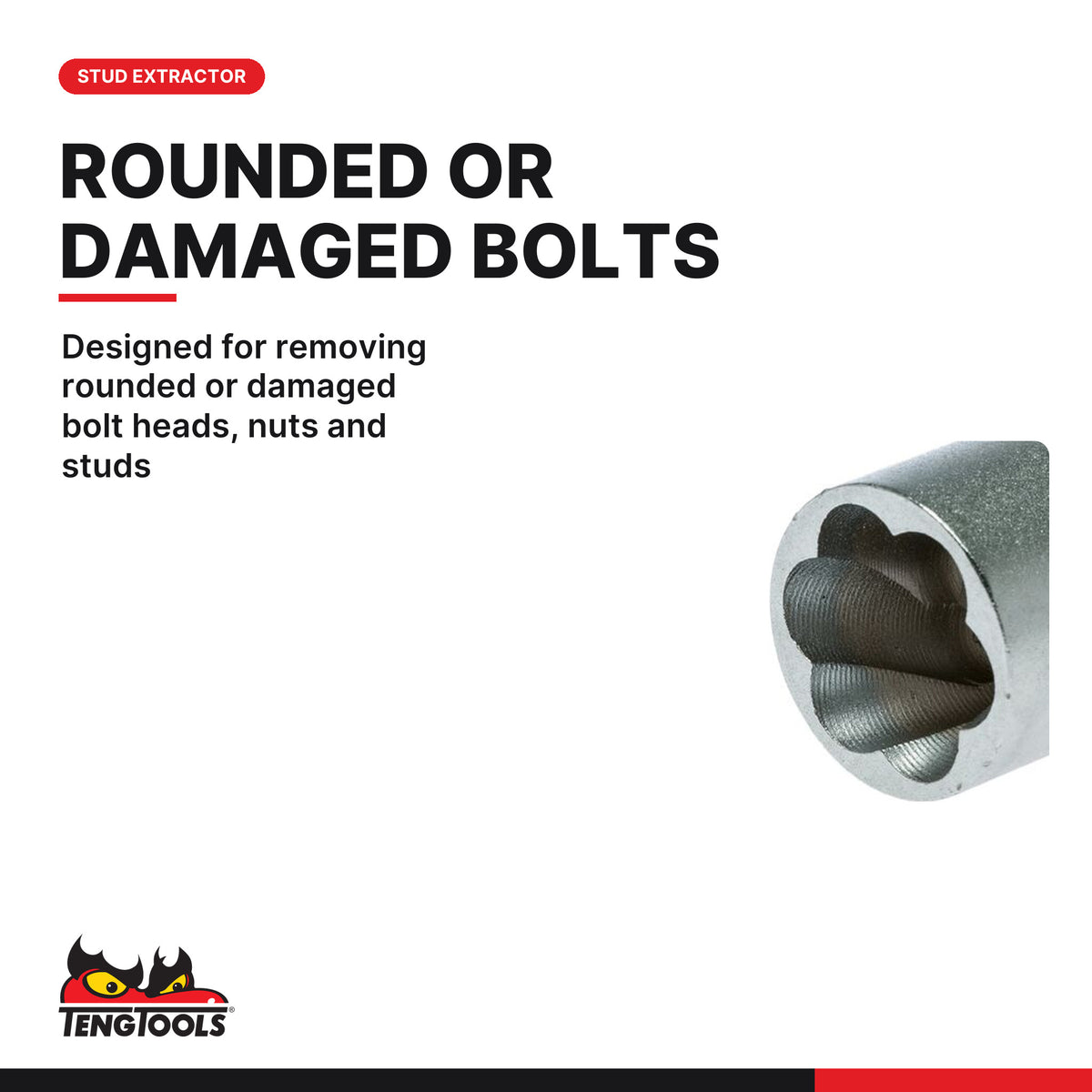 Teng Tools 1/2 in drive stud extractor, 19 to 25 mm, designed for removing rounded or damaged bolt heads, nuts and studs