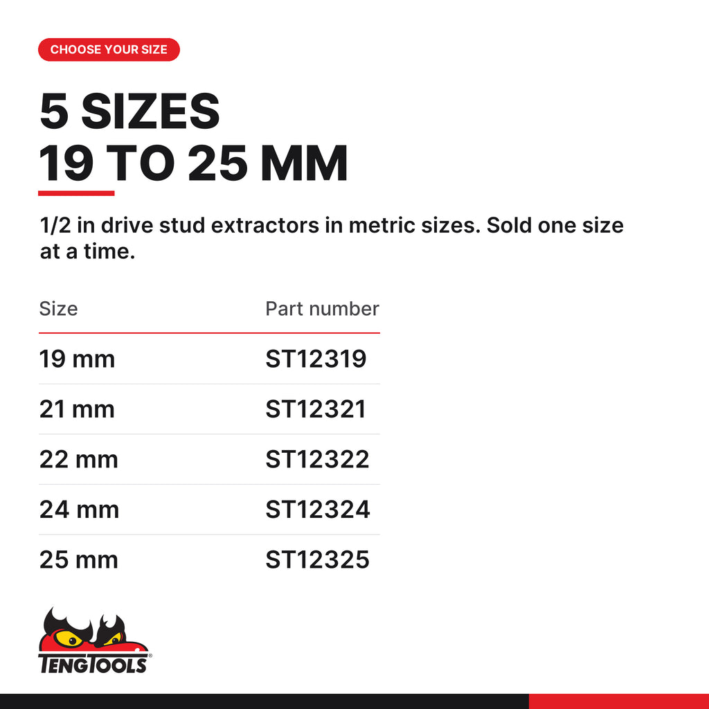 Teng Tools 1/2 in drive stud extractor, 19 to 25 mm, five sizes 19 mm to 25 mm, part numbers ST12319 to ST12325