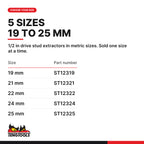 Teng Tools 1/2 in drive stud extractor, 19 to 25 mm, five sizes 19 mm to 25 mm, part numbers ST12319 to ST12325