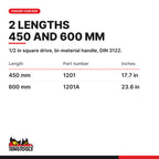 Teng Tools 1/2 inch drive breaker bar DIN 3122, 450 or 600 mm, two lengths 450 and 600 mm, part numbers 1201 and 1201A