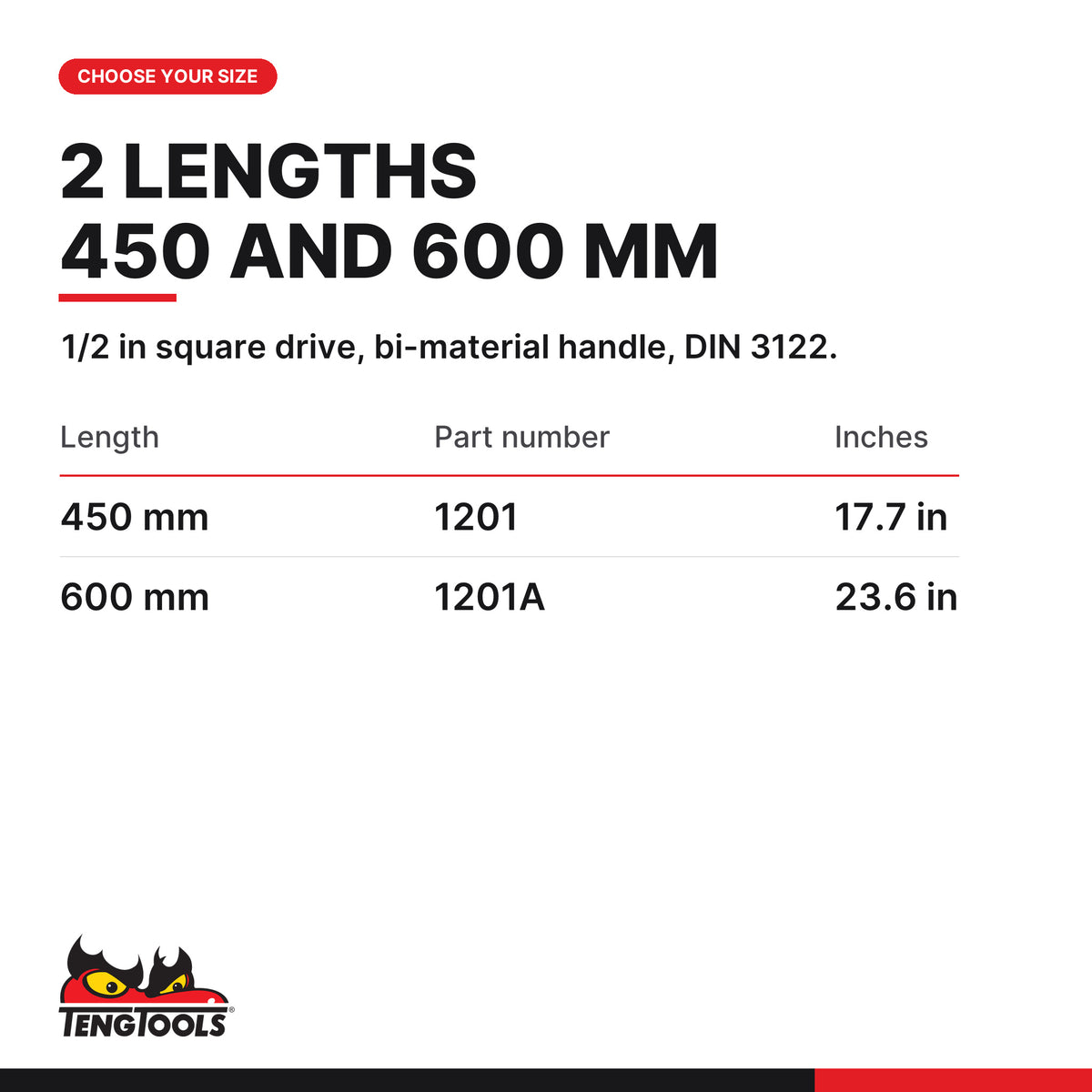 Teng Tools 1/2 inch drive breaker bar DIN 3122, 450 or 600 mm, two lengths 450 and 600 mm, part numbers 1201 and 1201A
