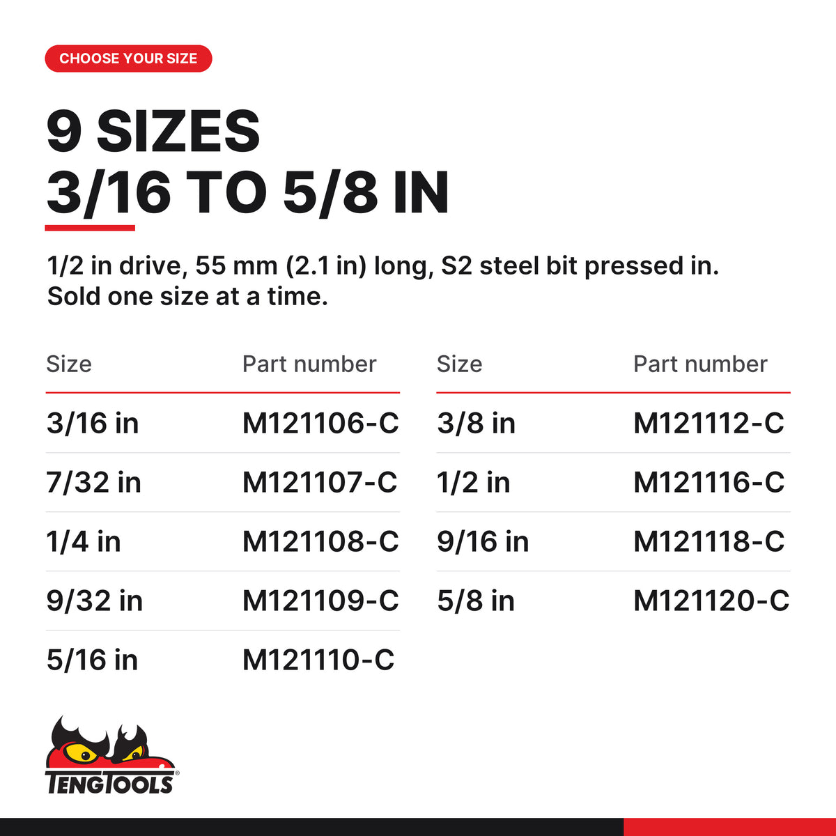 Teng Tools 1/2 inch drive SAE hex bit socket 3/16 to 5/8 in, nine AF sizes 3/16 to 5/8 in, part numbers M121106-C to