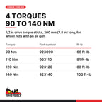 Teng Tools 1/2 inch drive torque stick, 90 to 140 Nm, four torques 90, 110, 120 and 140 Nm, part numbers 923090 to 923140