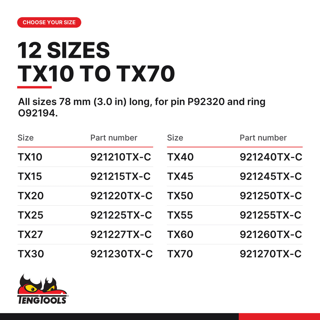Teng Tools 1/2 inch drive TX (Torx) impact socket DIN, TX10 to TX70, 12 sizes TX10 to TX70, part numbers 921210TX-C to