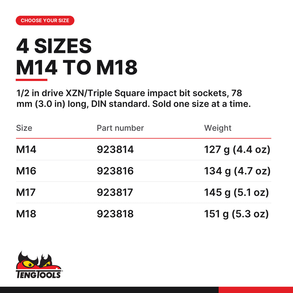 Teng Tools 1/2 inch drive XZN triple square impact socket, 78 mm long, M14 to M18, four sizes M14 to M18, part numbers
