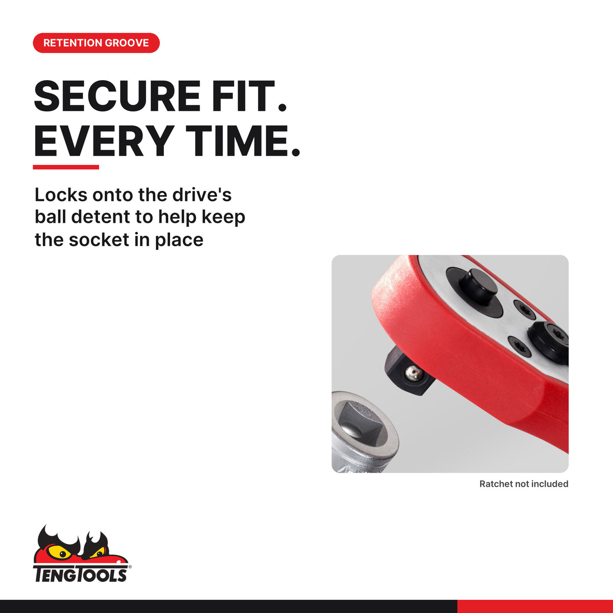 Teng Tools 1/4 inch drive 12-point metric deep socket and the ball detent retention groove on the drive end