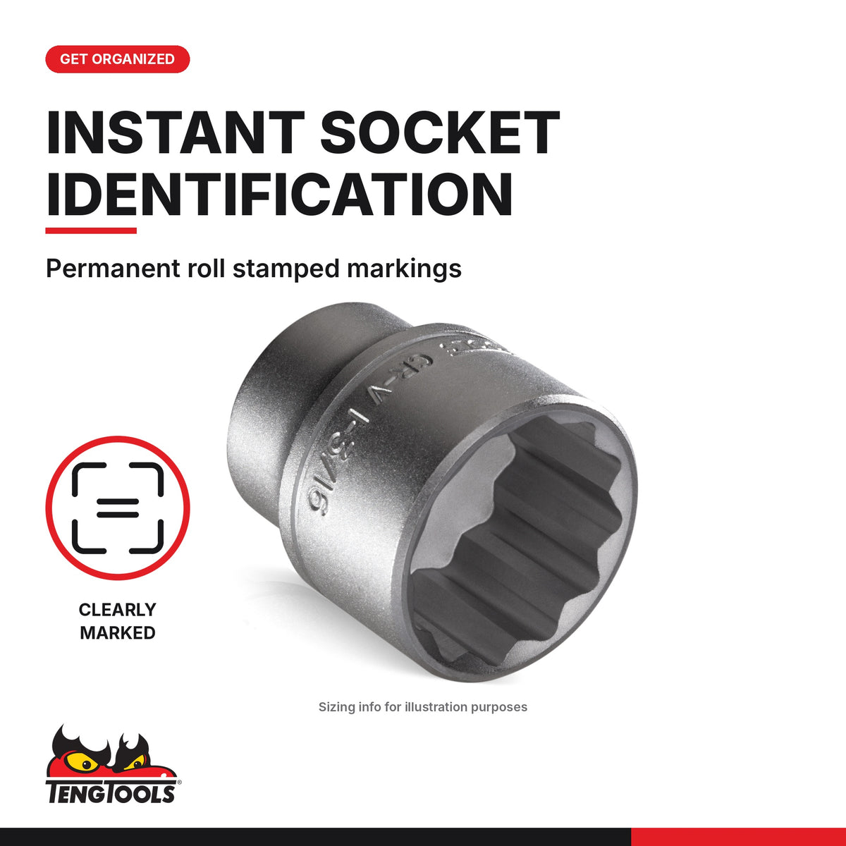 Teng Tools 1/4 inch drive 12-point SAE socket close-up showing the roll stamped markings