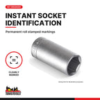 Teng Tools 1/4 inch drive 6-point SAE deep socket, close-up of the roll stamped markings