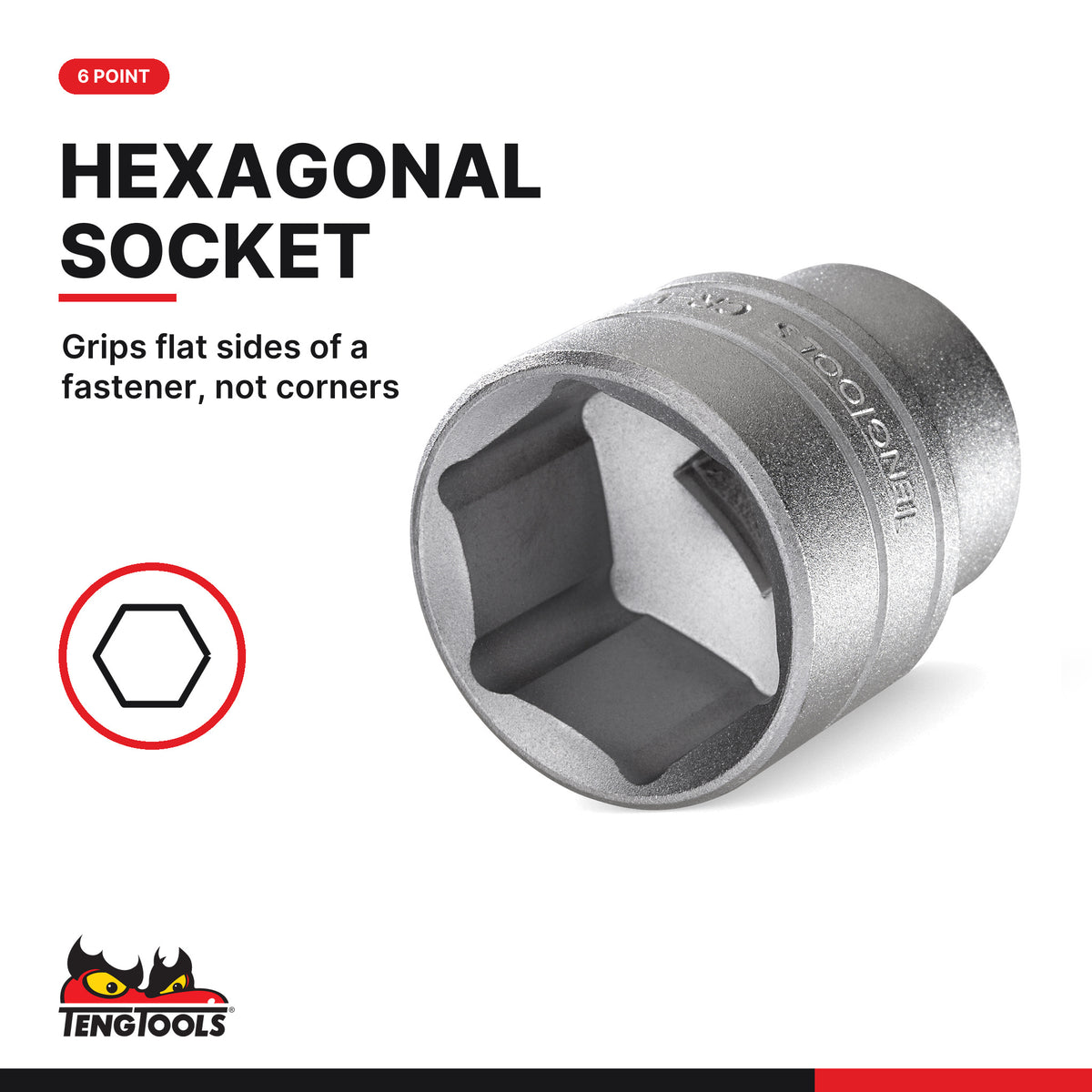 Teng Tools 1/4 inch drive 6-point SAE socket, close-up of the hexagonal socket end