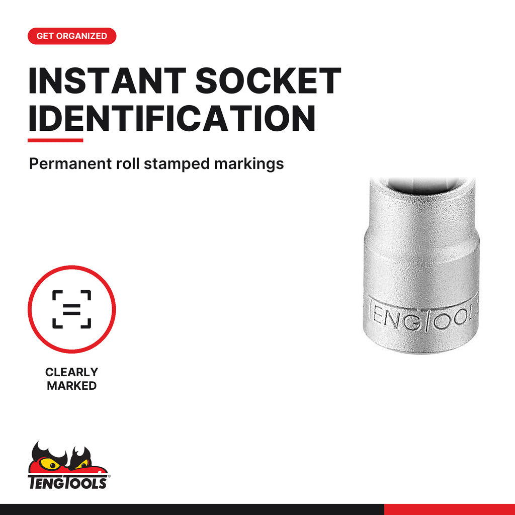 Teng Tools 1/4 inch drive metric hex bit socket, close-up of the roll stamped markings